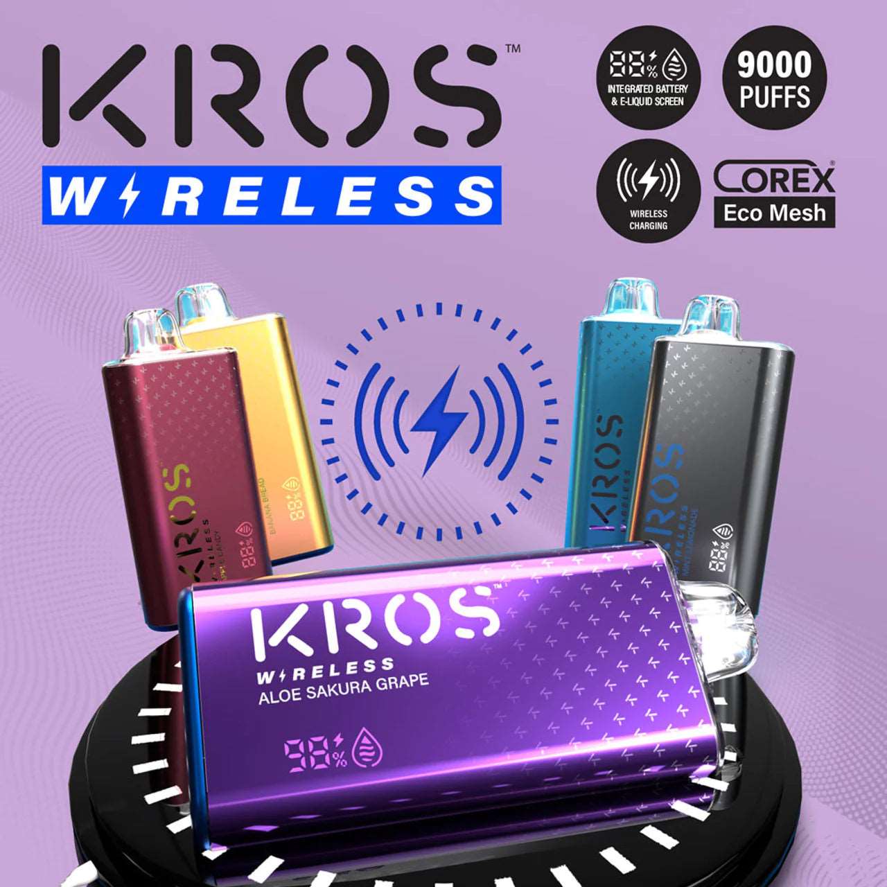 KROS Wireless 17ML 9000 Puffs 550mAh Wireless Charging Disposable Vape With Integrated Screen & Corex ECO Mesh Coil KROS Wireless 17ML 9000 Puffs 550mAh Wireless Charging Disposable Vape With Integrated Screen & Corex ECO Mesh Coil
